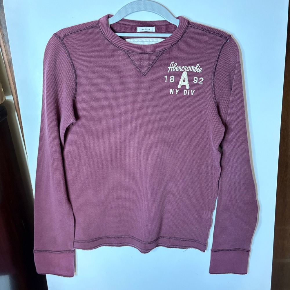 Abercrombie Thermal Shirt Boys L Maroon Muscle Tee Spellout Waffle Knit Academia